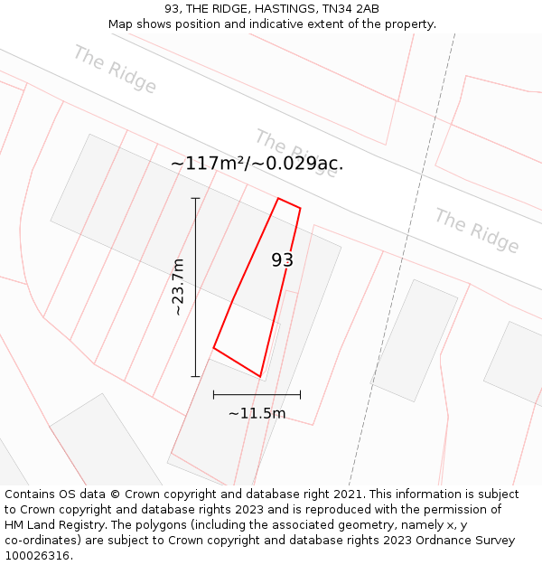 93, THE RIDGE, HASTINGS, TN34 2AB: Plot and title map