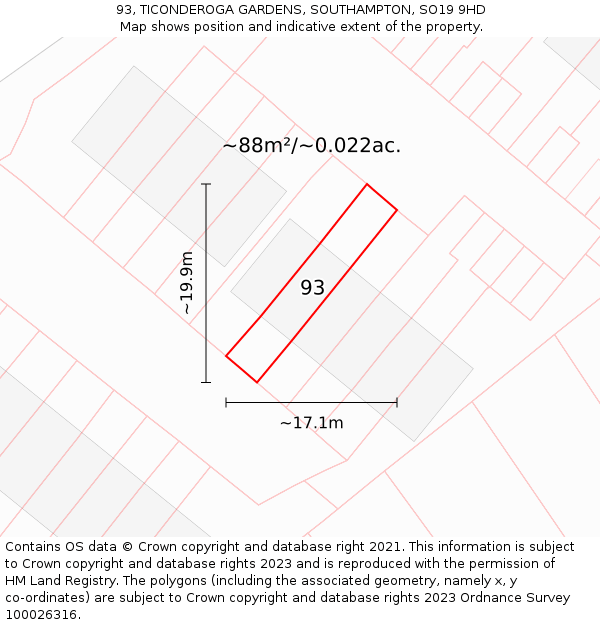93, TICONDEROGA GARDENS, SOUTHAMPTON, SO19 9HD: Plot and title map