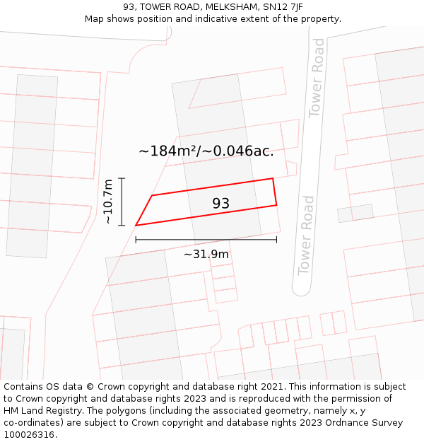93, TOWER ROAD, MELKSHAM, SN12 7JF: Plot and title map