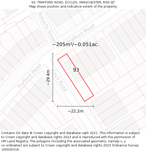 93, TRAFFORD ROAD, ECCLES, MANCHESTER, M30 0JT: Plot and title map