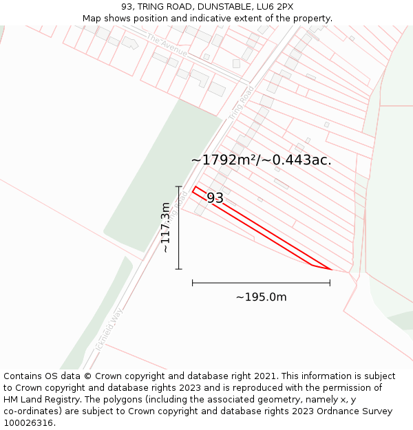 93, TRING ROAD, DUNSTABLE, LU6 2PX: Plot and title map
