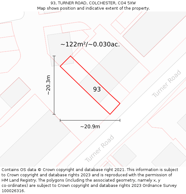 93, TURNER ROAD, COLCHESTER, CO4 5XW: Plot and title map