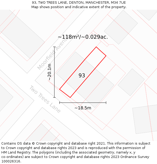 93, TWO TREES LANE, DENTON, MANCHESTER, M34 7UE: Plot and title map