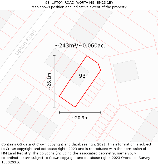 93, UPTON ROAD, WORTHING, BN13 1BY: Plot and title map