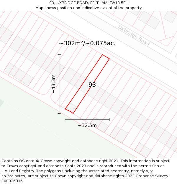 93, UXBRIDGE ROAD, FELTHAM, TW13 5EH: Plot and title map