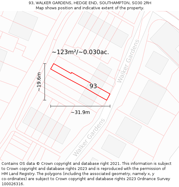 93, WALKER GARDENS, HEDGE END, SOUTHAMPTON, SO30 2RH: Plot and title map
