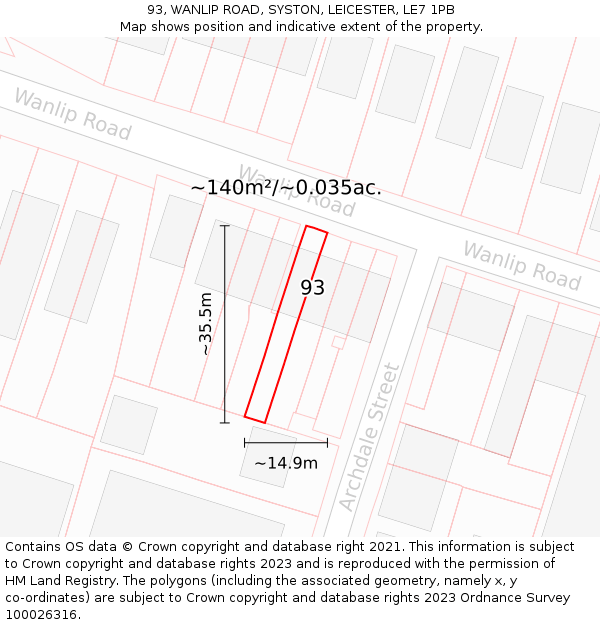 93, WANLIP ROAD, SYSTON, LEICESTER, LE7 1PB: Plot and title map