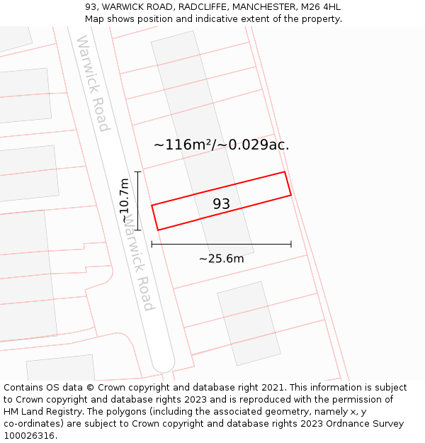 93, WARWICK ROAD, RADCLIFFE, MANCHESTER, M26 4HL: Plot and title map