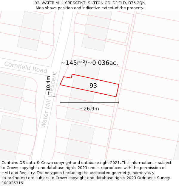 93, WATER MILL CRESCENT, SUTTON COLDFIELD, B76 2QN: Plot and title map