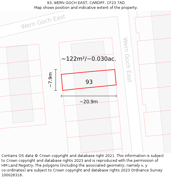 93, WERN GOCH EAST, CARDIFF, CF23 7AD: Plot and title map