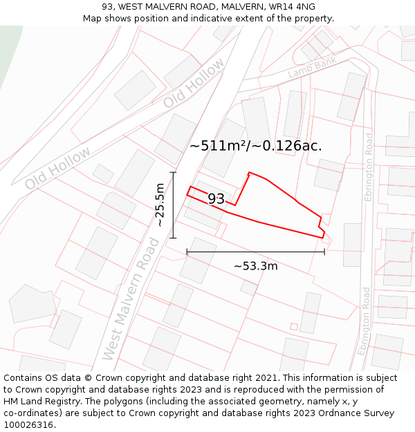 93, WEST MALVERN ROAD, MALVERN, WR14 4NG: Plot and title map