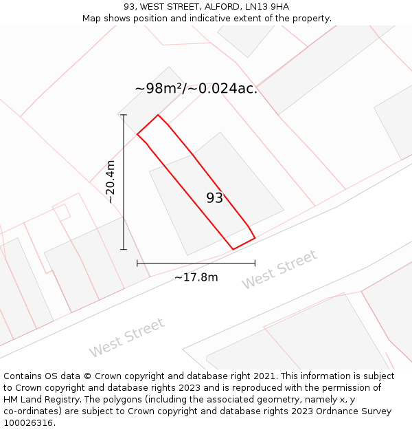 93, WEST STREET, ALFORD, LN13 9HA: Plot and title map