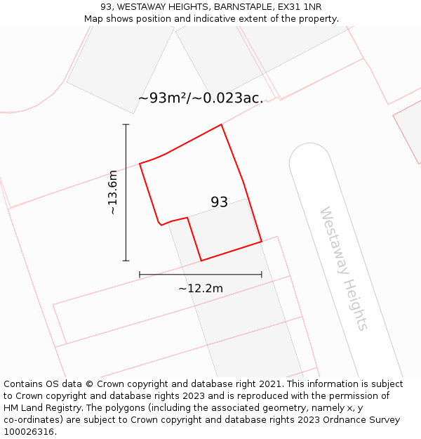 93, WESTAWAY HEIGHTS, BARNSTAPLE, EX31 1NR: Plot and title map