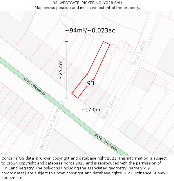 93, WESTGATE, PICKERING, YO18 8AU: Plot and title map