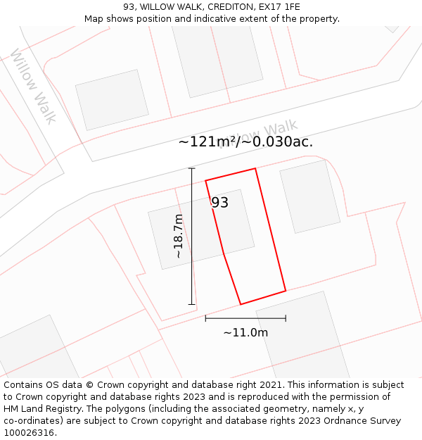 93, WILLOW WALK, CREDITON, EX17 1FE: Plot and title map