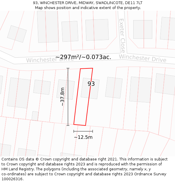 93, WINCHESTER DRIVE, MIDWAY, SWADLINCOTE, DE11 7LT: Plot and title map
