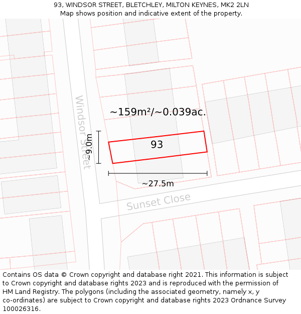 93, WINDSOR STREET, BLETCHLEY, MILTON KEYNES, MK2 2LN: Plot and title map