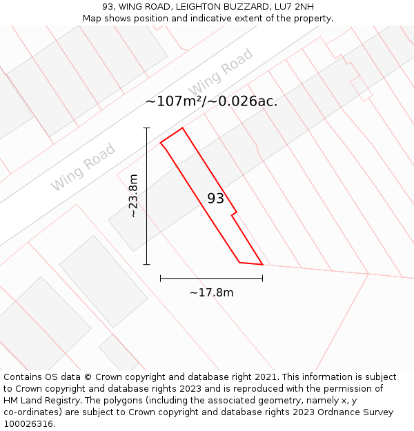 93, WING ROAD, LEIGHTON BUZZARD, LU7 2NH: Plot and title map