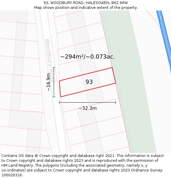 93, WOODBURY ROAD, HALESOWEN, B62 9AW: Plot and title map