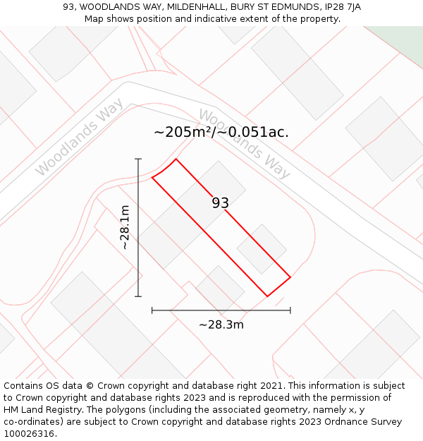 93, WOODLANDS WAY, MILDENHALL, BURY ST EDMUNDS, IP28 7JA: Plot and title map