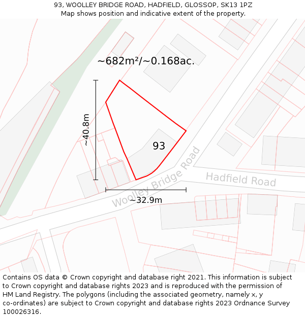 93, WOOLLEY BRIDGE ROAD, HADFIELD, GLOSSOP, SK13 1PZ: Plot and title map