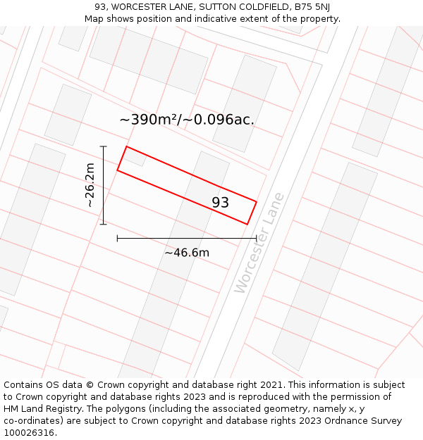 93, WORCESTER LANE, SUTTON COLDFIELD, B75 5NJ: Plot and title map