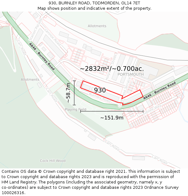 930, BURNLEY ROAD, TODMORDEN, OL14 7ET: Plot and title map