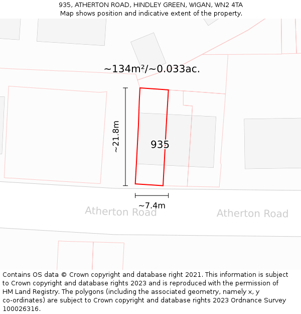 935, ATHERTON ROAD, HINDLEY GREEN, WIGAN, WN2 4TA: Plot and title map