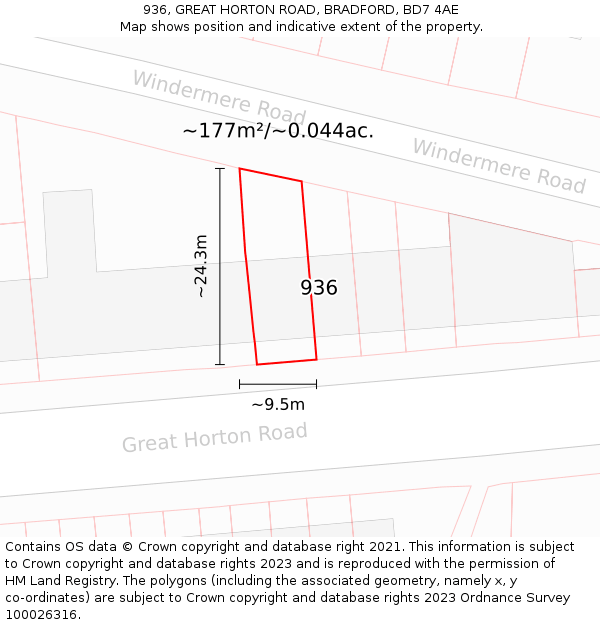 936, GREAT HORTON ROAD, BRADFORD, BD7 4AE: Plot and title map