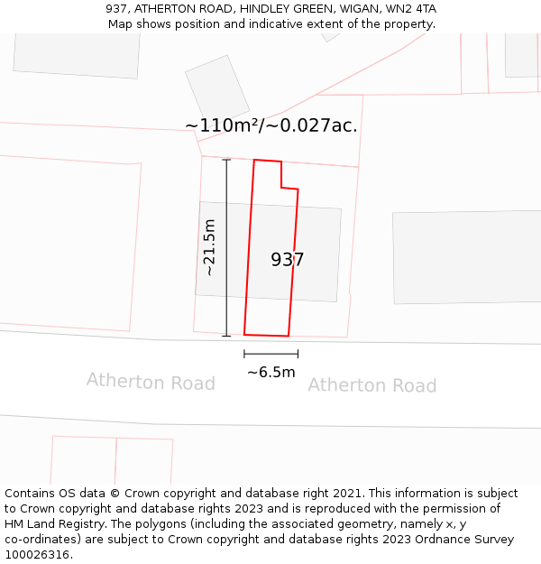 937, ATHERTON ROAD, HINDLEY GREEN, WIGAN, WN2 4TA: Plot and title map