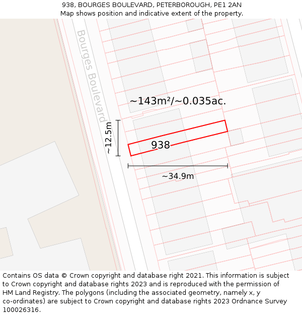 938, BOURGES BOULEVARD, PETERBOROUGH, PE1 2AN: Plot and title map