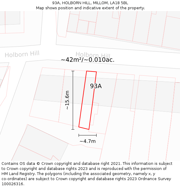 93A, HOLBORN HILL, MILLOM, LA18 5BL: Plot and title map