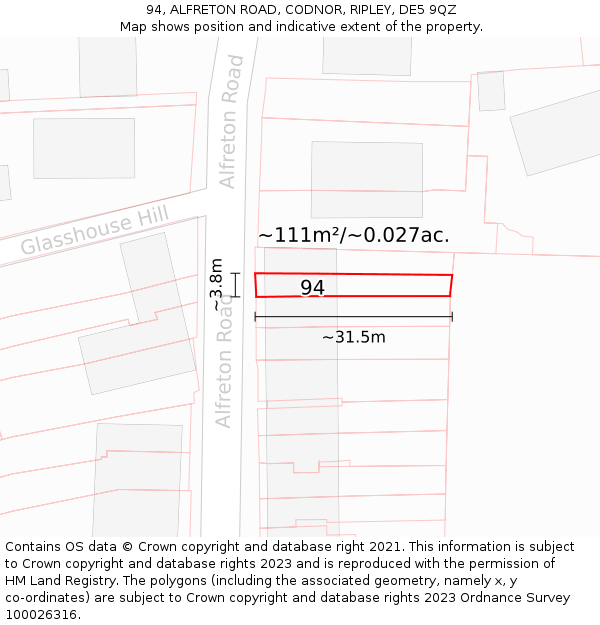 94, ALFRETON ROAD, CODNOR, RIPLEY, DE5 9QZ: Plot and title map