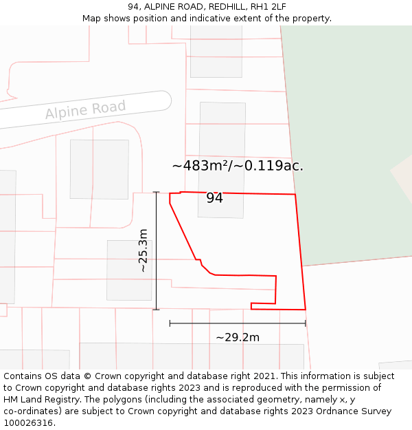 94, ALPINE ROAD, REDHILL, RH1 2LF: Plot and title map