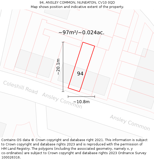 94, ANSLEY COMMON, NUNEATON, CV10 0QD: Plot and title map