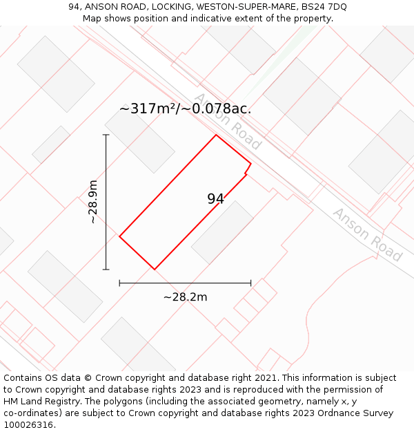 94, ANSON ROAD, LOCKING, WESTON-SUPER-MARE, BS24 7DQ: Plot and title map
