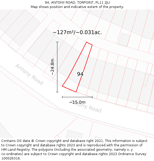 94, ANTONY ROAD, TORPOINT, PL11 2JU: Plot and title map
