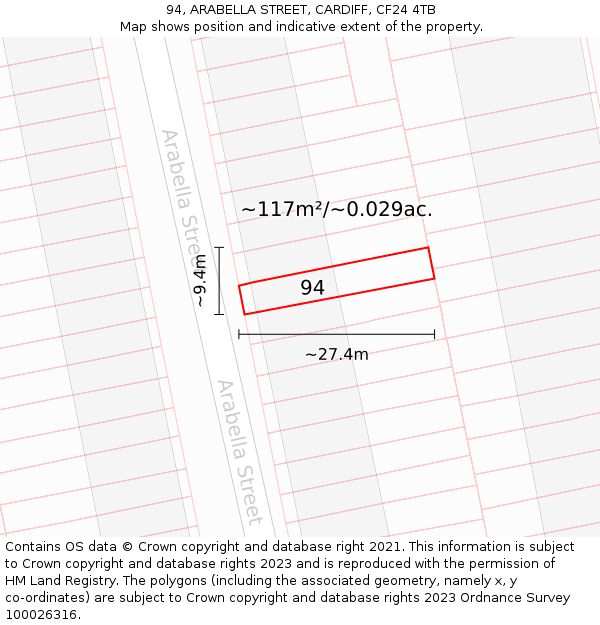94, ARABELLA STREET, CARDIFF, CF24 4TB: Plot and title map