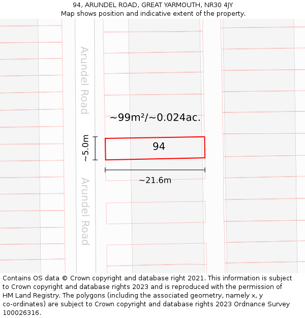 94, ARUNDEL ROAD, GREAT YARMOUTH, NR30 4JY: Plot and title map