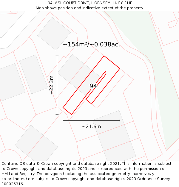 94, ASHCOURT DRIVE, HORNSEA, HU18 1HF: Plot and title map