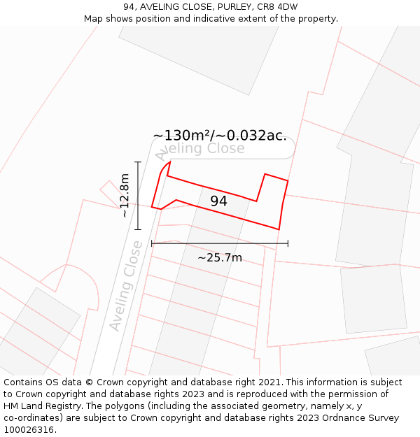 94, AVELING CLOSE, PURLEY, CR8 4DW: Plot and title map