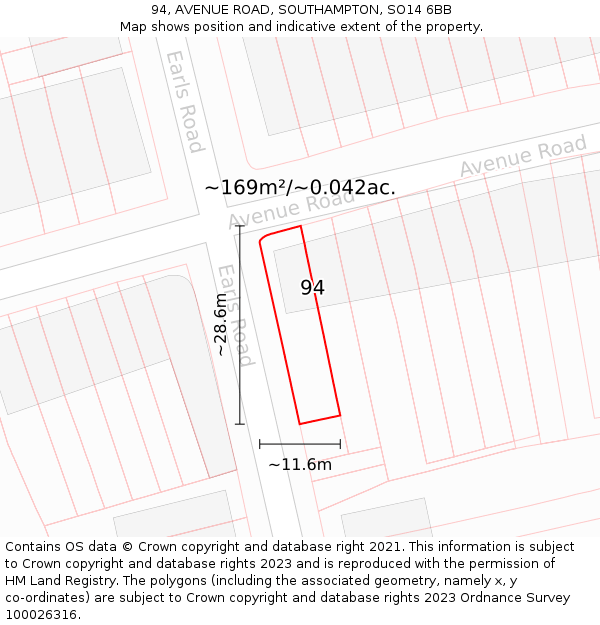 94, AVENUE ROAD, SOUTHAMPTON, SO14 6BB: Plot and title map