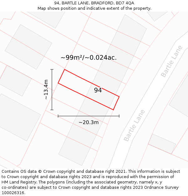 94, BARTLE LANE, BRADFORD, BD7 4QA: Plot and title map