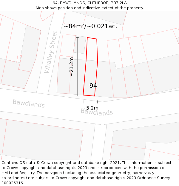 94, BAWDLANDS, CLITHEROE, BB7 2LA: Plot and title map