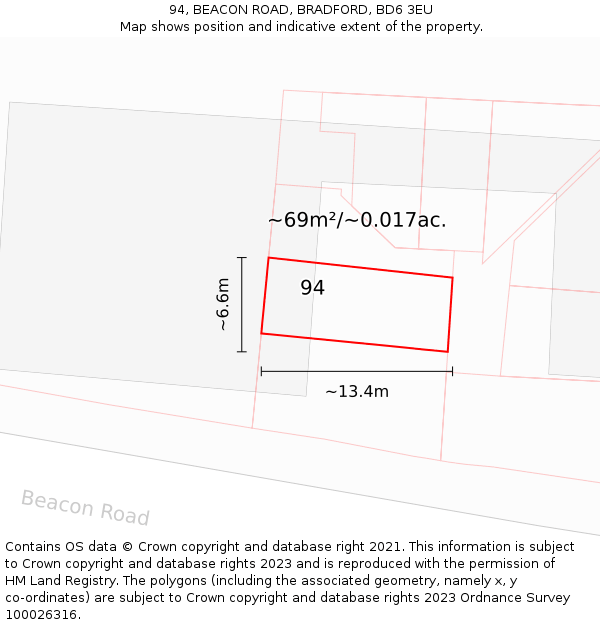 94, BEACON ROAD, BRADFORD, BD6 3EU: Plot and title map