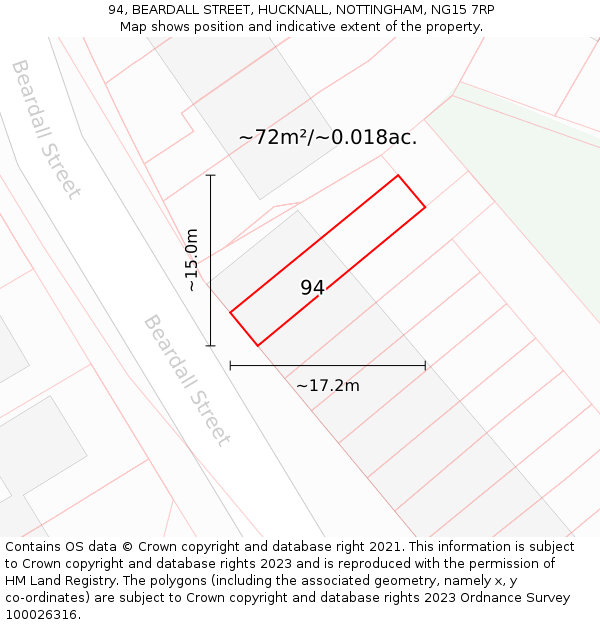 94, BEARDALL STREET, HUCKNALL, NOTTINGHAM, NG15 7RP: Plot and title map