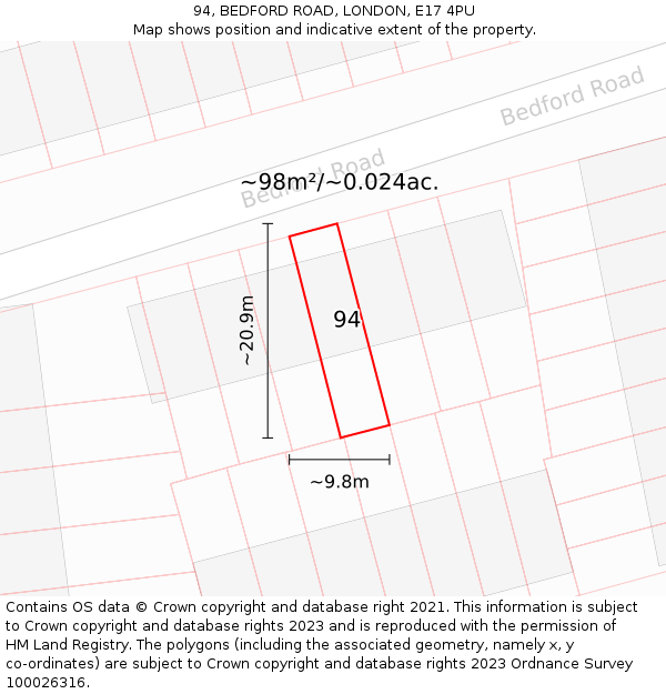 94, BEDFORD ROAD, LONDON, E17 4PU: Plot and title map