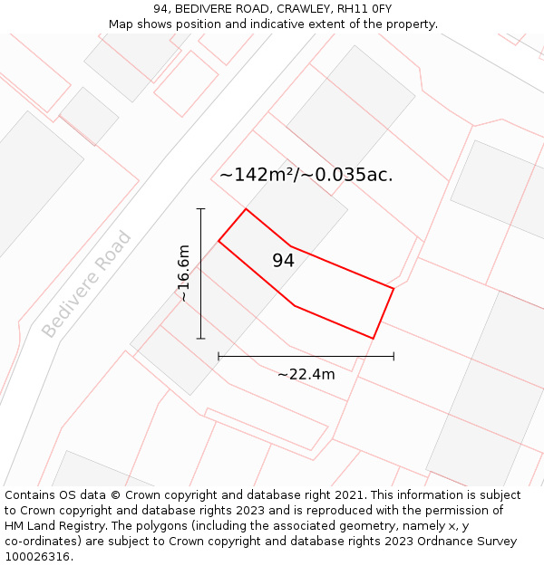 94, BEDIVERE ROAD, CRAWLEY, RH11 0FY: Plot and title map