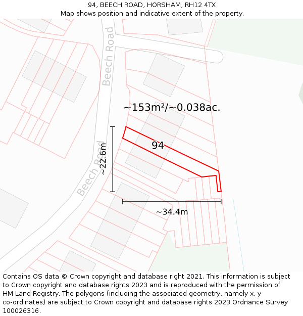 94, BEECH ROAD, HORSHAM, RH12 4TX: Plot and title map