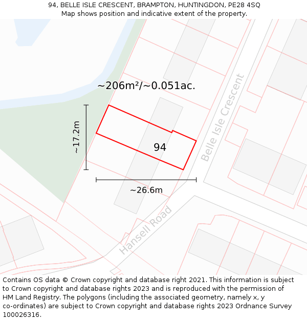 94, BELLE ISLE CRESCENT, BRAMPTON, HUNTINGDON, PE28 4SQ: Plot and title map